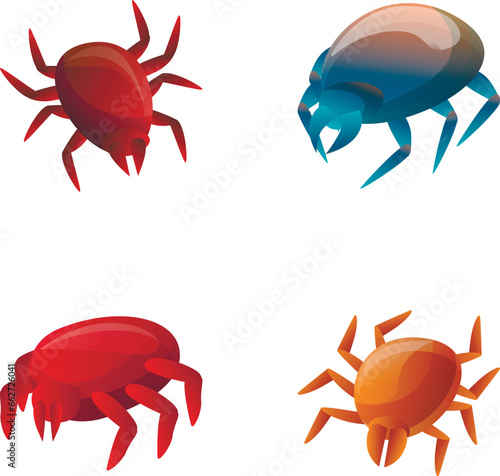 Mite icons set cartoon vector. Various type of mite. Blood sucking parasite, insect