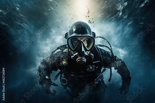 A scuba diver underwater. Spooky, mysterious and foggy scene. Great for action, adventure, marine and deep sea thriller, spy movie and more. 