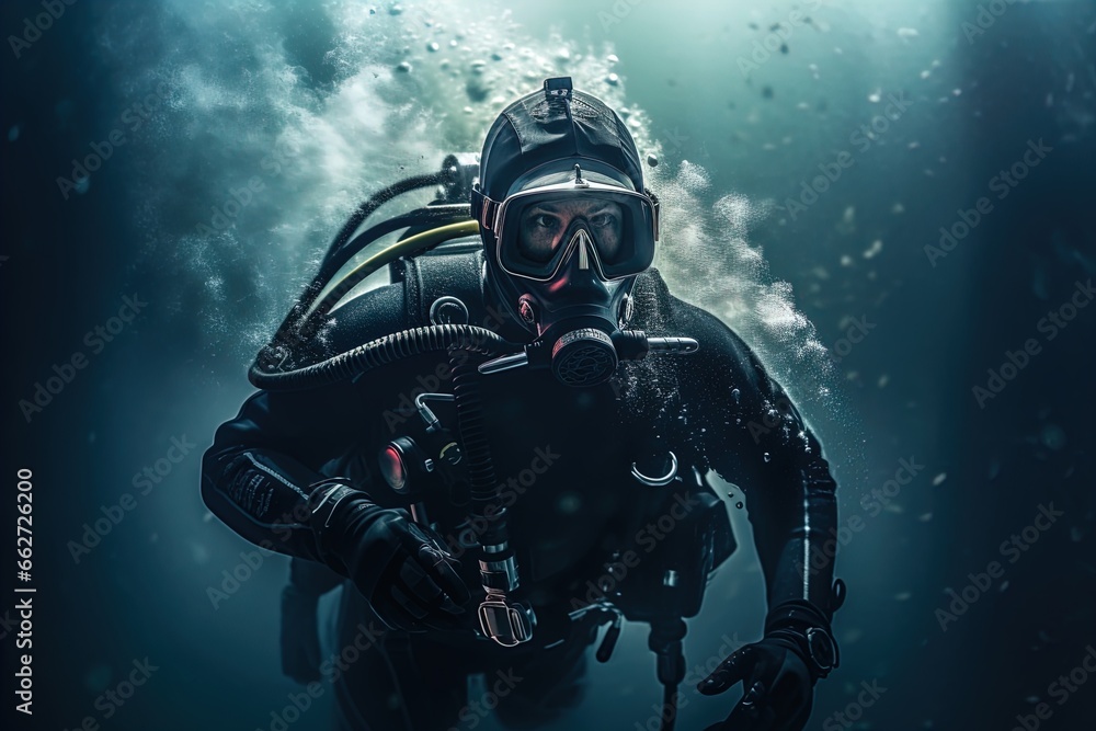 A scuba diver underwater. Spooky, mysterious and foggy scene. Great for action, adventure, marine and deep sea thriller, spy movie and more. A scuba diver underwater. Spooky, mysterious and foggy scene. Great for action, adventure, marine and deep sea thriller, spy movie and more.