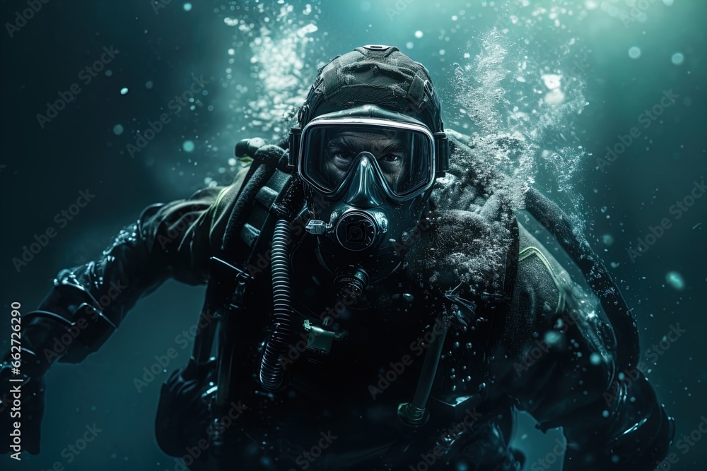 A scuba diver underwater. Spooky, mysterious and foggy scene. Great for action, adventure, marine and deep sea thriller, spy movie and more. A scuba diver underwater. Spooky, mysterious and foggy scene. Great for action, adventure, marine and deep sea thriller, spy movie and more.