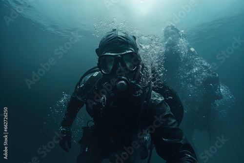 A scuba diver underwater. Spooky  mysterious and foggy scene. Great for action  adventure  marine and deep sea thriller  spy movie and more. 