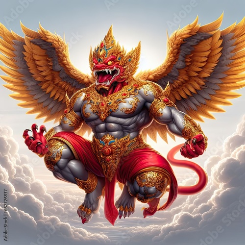 Garuda has the body of a person  the back of a bird and has wings. A deity in Indian and Buddhist mythology.