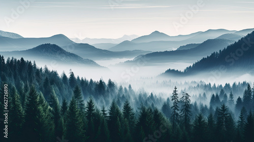 The mountains are covered in a layer of mist  which is thicker in the valleys and thinner on the peaks. The foreground consists of a dense forest of coniferous trees