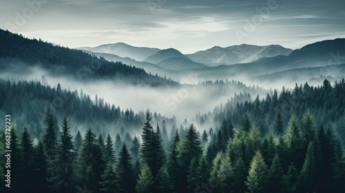 The mountains are covered in a layer of mist, which is thicker in the valleys and thinner on the peaks. The foreground consists of a dense forest of coniferous trees