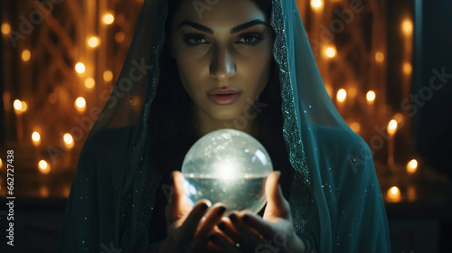 Ethereal Connection: Mystic Discovers Insights in the Glowing Sphere, generative ai