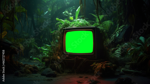 Old TV with green screen in the dark forest. Green screen television.