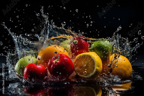 Fruits And Vegetables, Close Up Water Splash. Genrative AI