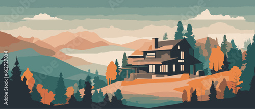 painting of a cabin in the mountains  vector  modernism  landscape illustration  shaded flat illustration  soothing and cozy landscape