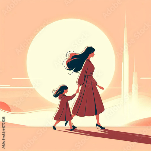 Simple flat illustration, vector style, mom and daughter met together, mothers day, walking with daughter, beautiful graphics, pastel colors , high quality. Generative AI.
