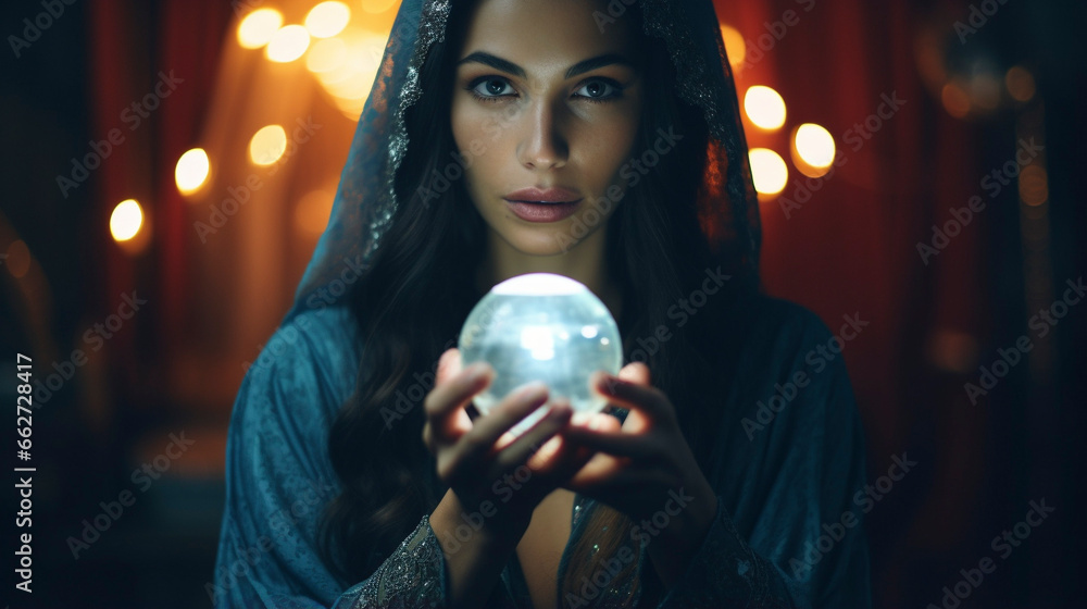 Naklejka premium Whispers of Fate: Fortune Teller's Crystal Ball Shines with Secrets, Generative AI