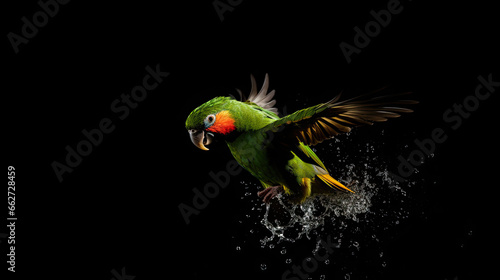 Parrot captured mid-flight with splash of water on black background