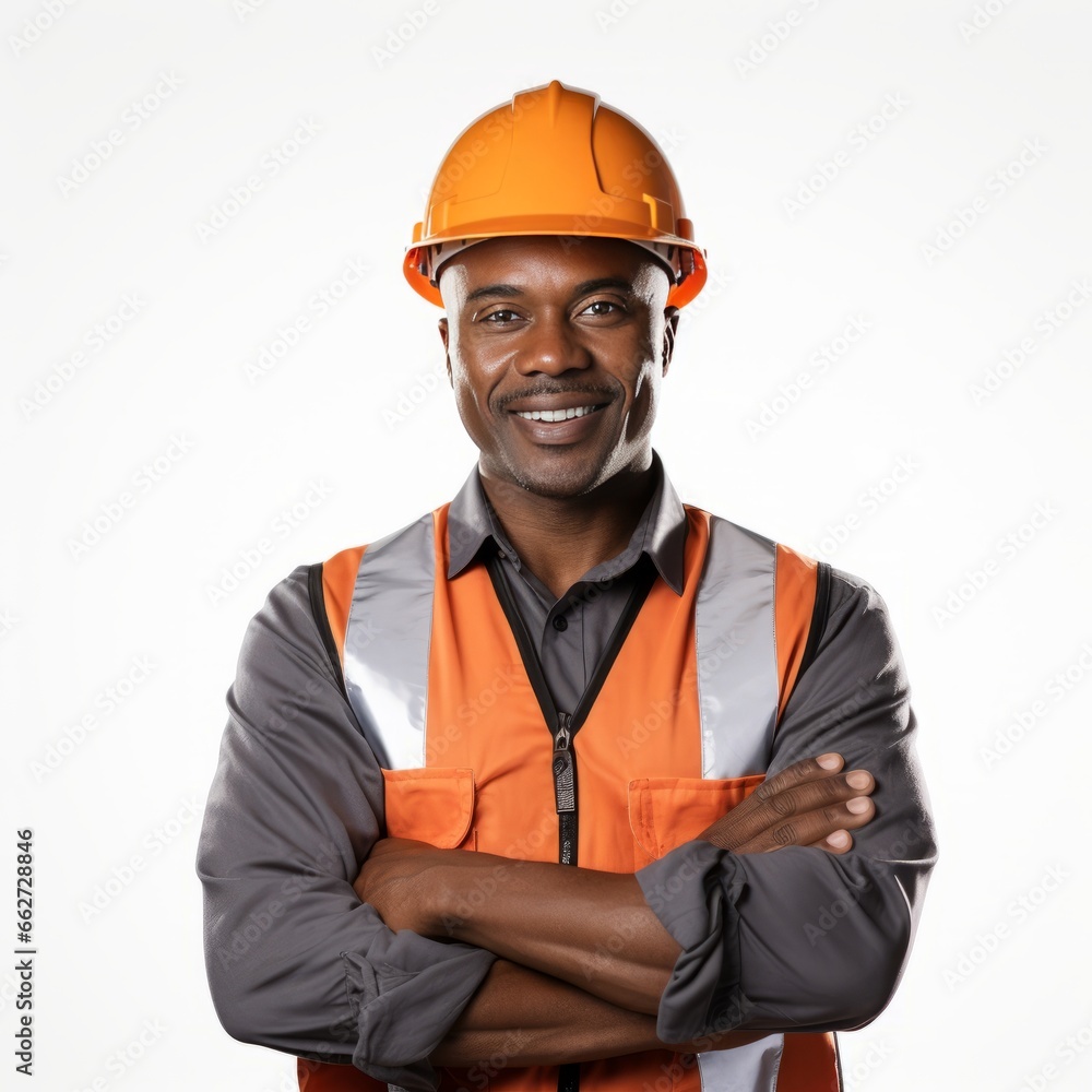 Portrait of African construction worker on white background. Portrait of African construction worker on white background.