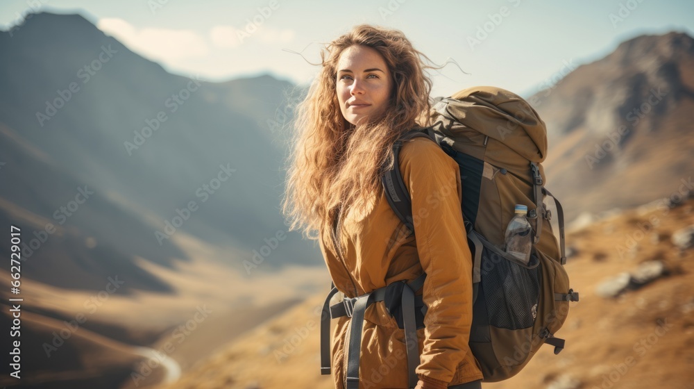 Woman dressed in outdoor hiking adventure gear, thick hiking boots, mountaineering backpack