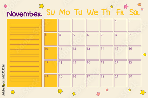 Calendar 2024 November. Retro planner with dates and notes in doodle style. Cartoon design in 70s, 80s hippie style. Vector illustration with editable stroke. Cute planner with stars