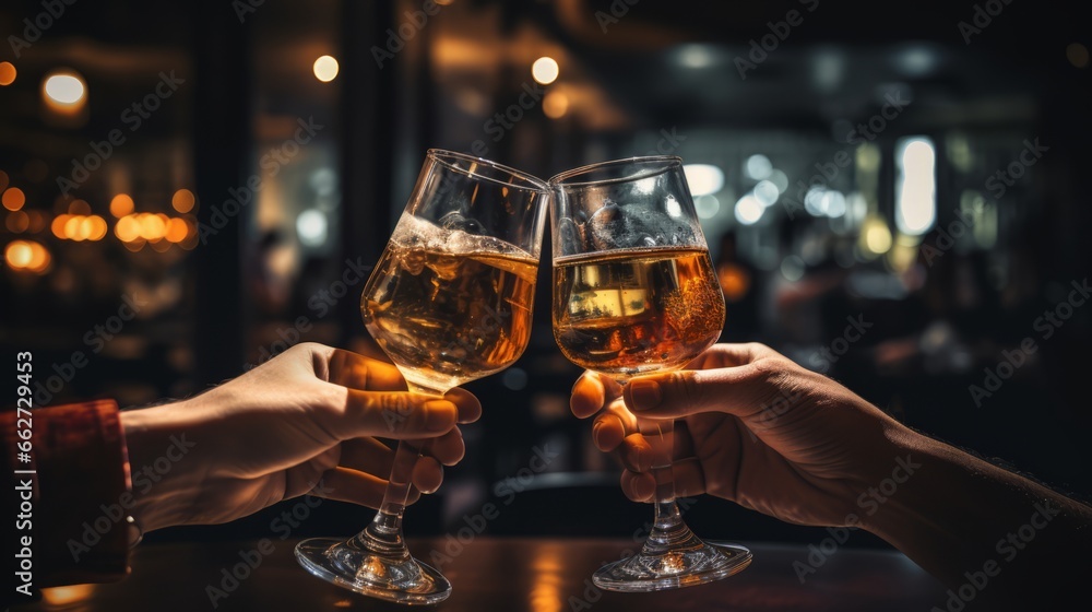 Close up shot of two hands clinking wine glasses in a toast at a bar