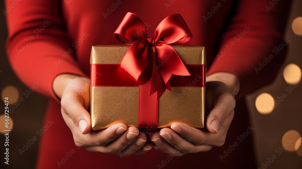 Hands holding a gift box. A box wrapped in gold paper and tied with a red ribbon