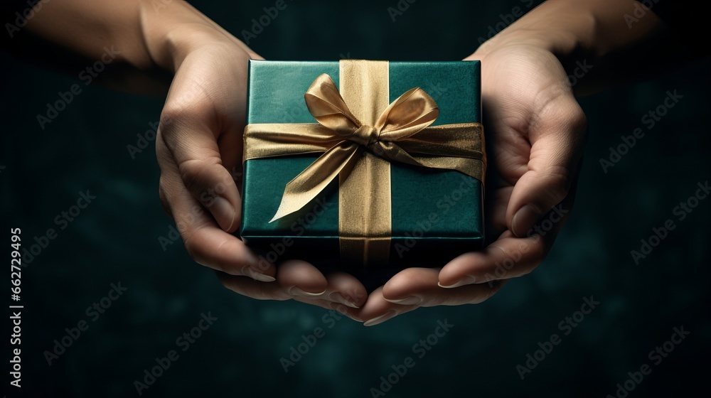 Hands holding a gift box. A box wrapped in green paper and tied with a gold ribbon - obrazy, fototapety, plakaty 