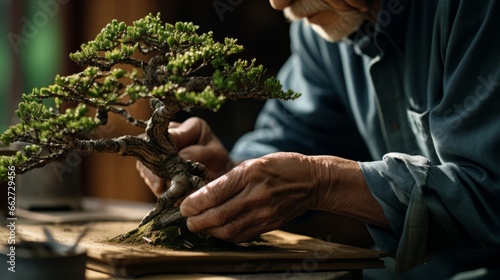 Senior man taking care of bonsai plant, Closeup hands ,Hobbies of the elderly