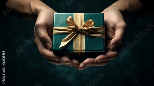Hands holding a gift box. A box wrapped in green paper and tied with a gold ribbon