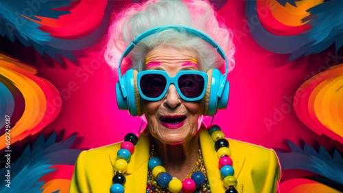 Fashionable senior woman with headphones listening to music on a colorful background.