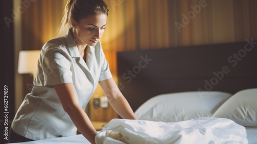 Women hotel maid making bed in hotel room, Hotel room service © STKS