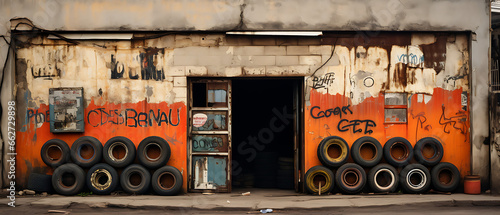 Car Tires in Front of Workshop photo
