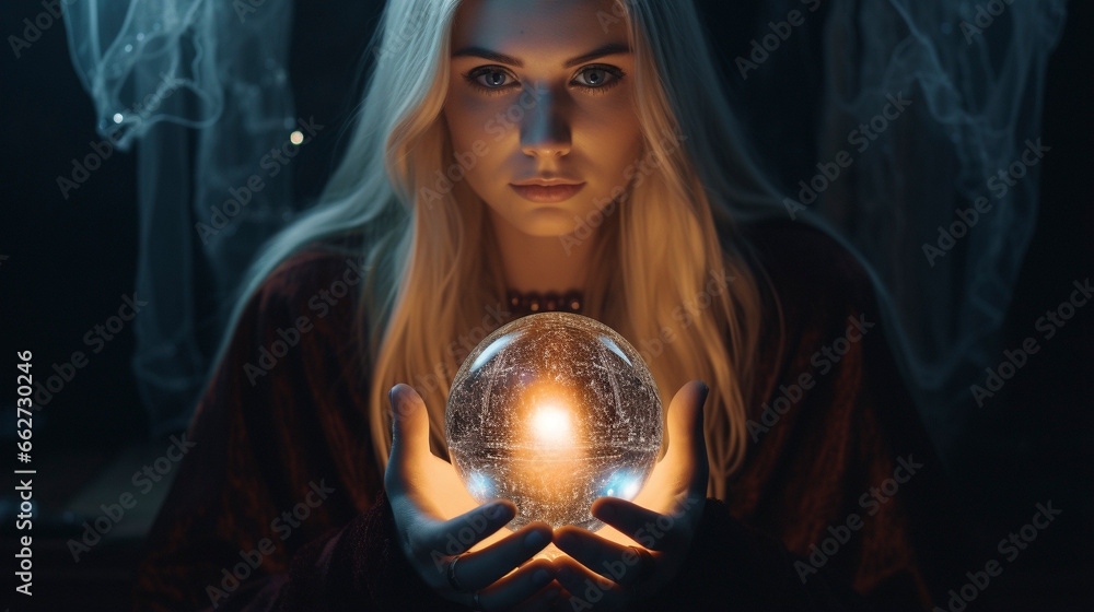 Naklejka premium Enchanted Visions: Fortune Teller and the Radiant Orb, Generative AI