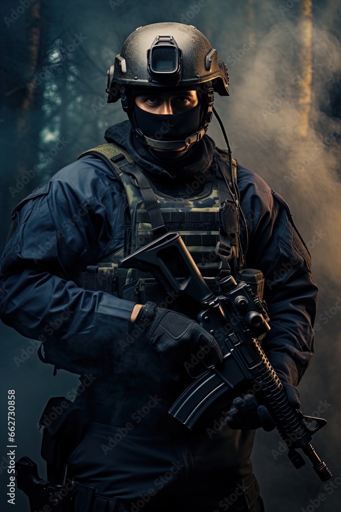 A special forces operator in full combat gear. Dynamic action poster. A special forces operator in full combat gear. Dynamic action poster.