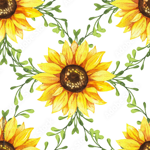 Sunflowers, yellow flowers, floral illustration, seamless pattern