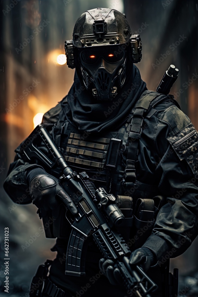 A special forces operator in full combat gear. Dynamic action poster. A special forces operator in full combat gear. Dynamic action poster.