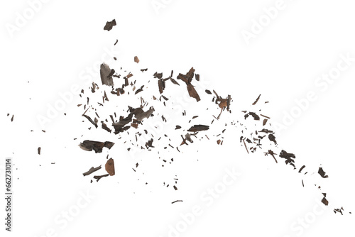 Ash with burned, paper scraps scattered, pieces explosion effect isolated on white background, texture, top view, clipping 