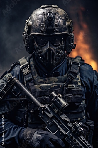 A special forces operator in full combat gear. Dynamic action poster. 