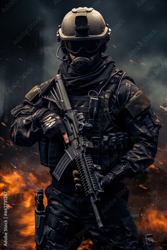 A special forces operator in full combat gear. Dynamic action poster. 