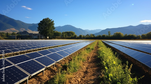 Solar Panels: Rows of glistening solar panels under a clear blue sky, converting sunlight into energy.