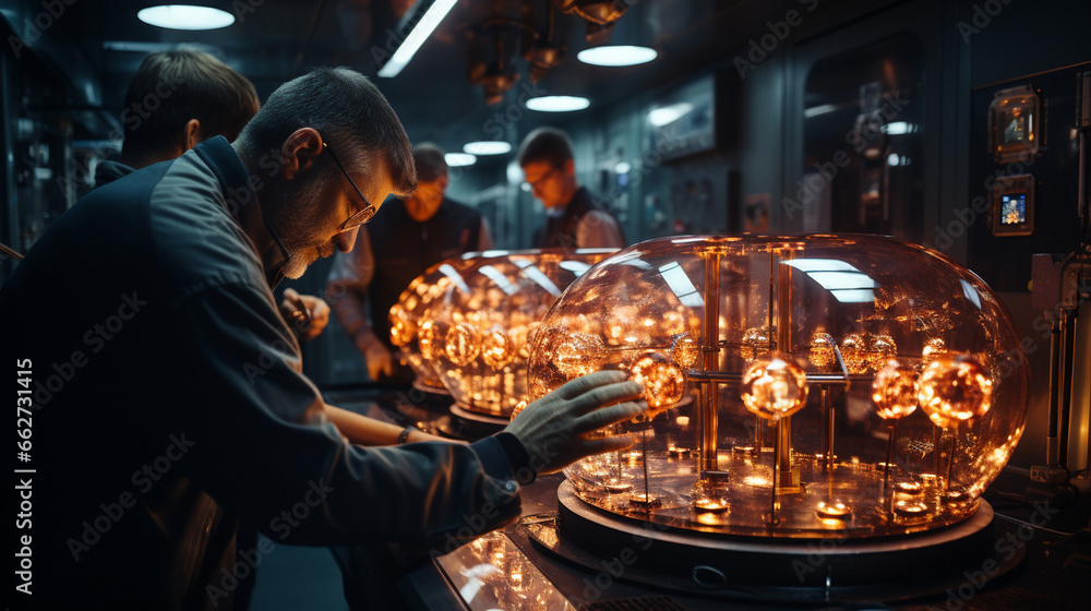 Nuclear Fusion: Scientists working in a high-tech lab on nuclear fusion research, the future of clean energy.