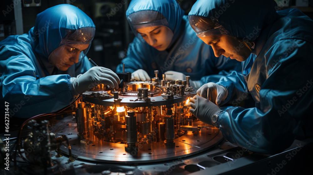 Nuclear Fusion: Scientists working in a high-tech lab on nuclear fusion research, the future of clean energy. - obrazy, fototapety, plakaty 