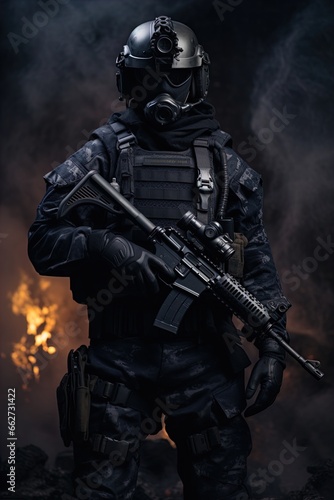 A special forces operator in full combat gear. Dynamic action poster. 