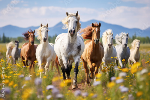 Horses run gallop in flower meadow photo