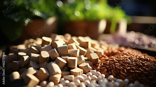 Biomass Feedstock: A close-up of various biomass sources like wood pellets and agricultural waste. photo