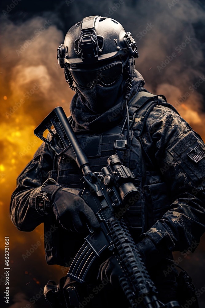 A special forces operator in full combat gear. Dynamic action poster. A special forces operator in full combat gear. Dynamic action poster.