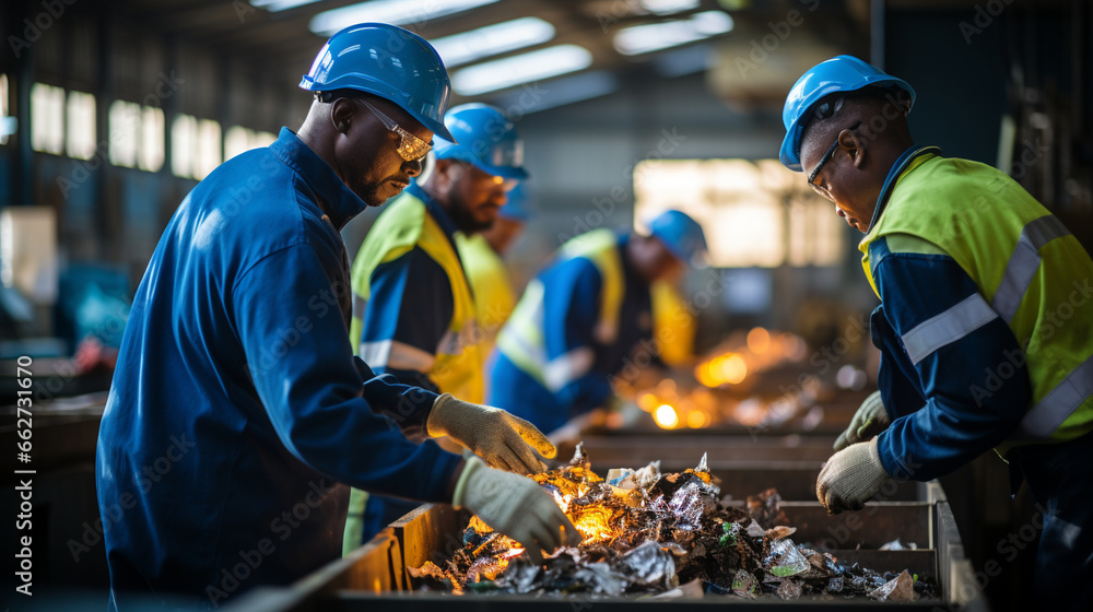 Recycling Plant: Workers in a recycling plant sorting and processing materials for renewable use. - obrazy, fototapety, plakaty 