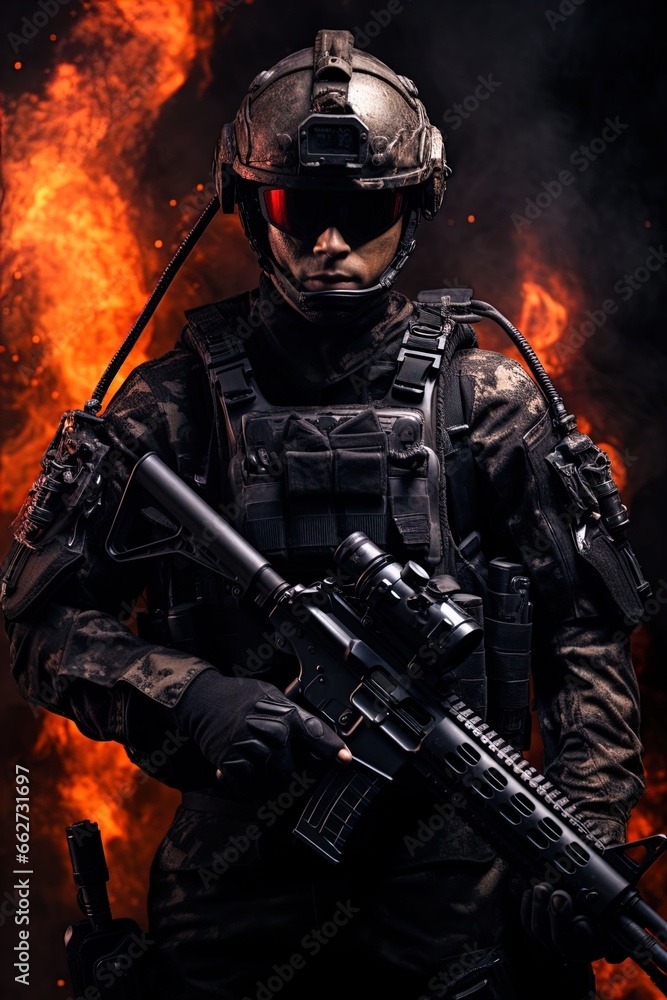 A special forces operator in full combat gear. Dynamic action poster. A special forces operator in full combat gear. Dynamic action poster.