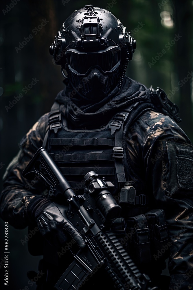 A special forces operator in full combat gear. Dynamic action poster. 