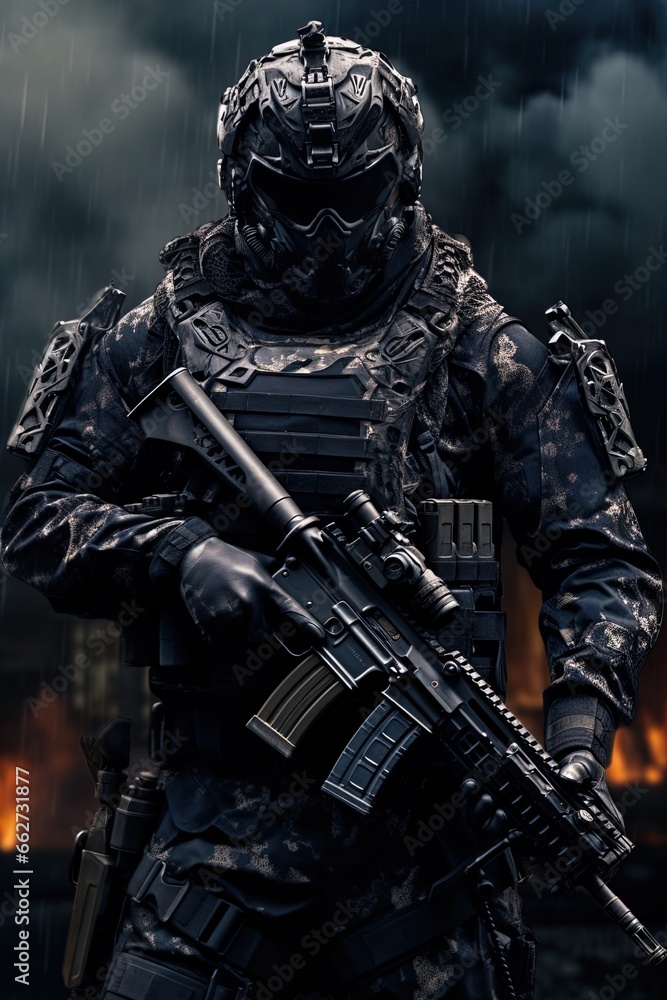 A special forces operator in full combat gear. Dynamic action poster. A special forces operator in full combat gear. Dynamic action poster.