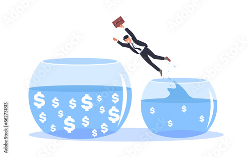 Businessman takes his income to next level. Man jumps from small fishbowl to big one. Financial increase. Business success. Water aquarium with dollars. Economy profit. Vector concept