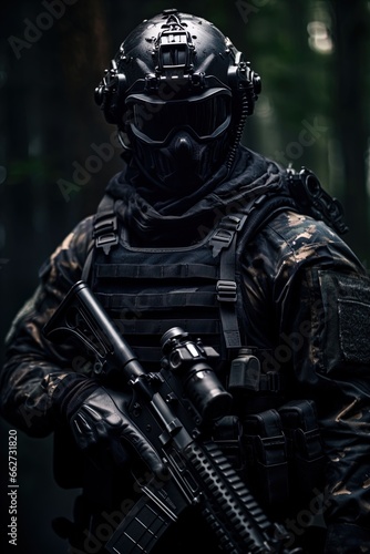 A special forces operator in full combat gear. Dynamic action poster.  © AI Movie