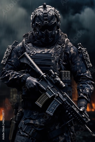 A special forces operator in full combat gear. Dynamic action poster.  © AI Movie