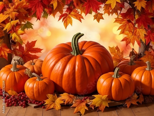 Happy thanksgiving day  pumpkins and autumn leaves background
