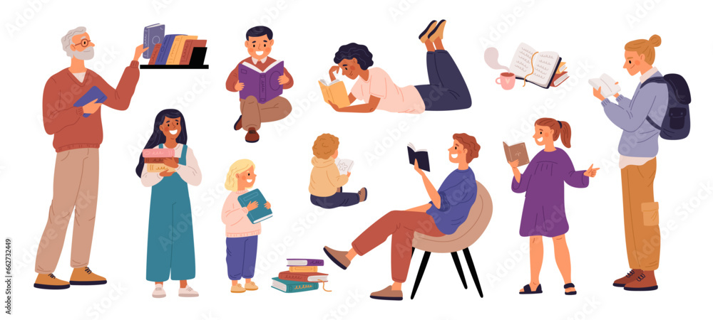 Cartoon readers. Happy people read books. Cute literature lovers. Textbook learning. Education process. Children getting new knowledge. Men and women enjoy of novel. Garish vector set