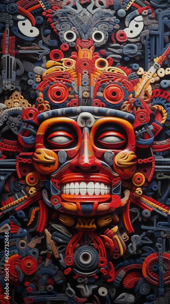Fototapeta premium Indian colorful totem tiki mask made wood image Ai generated art